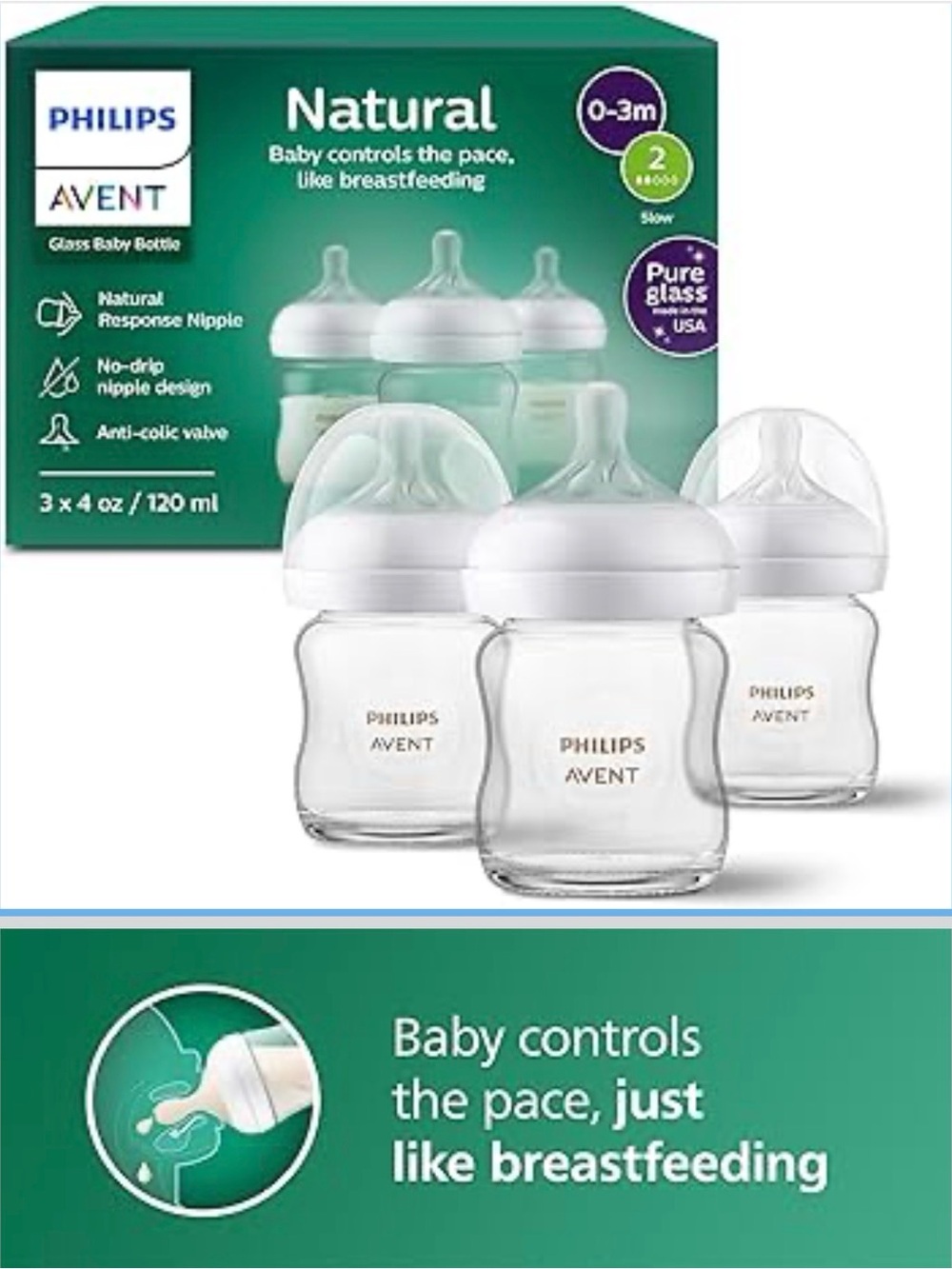 Philips AVENT Natural Glass Baby Bottles - Clear with White Caps